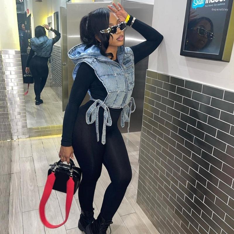 

Women' Vests Quilted Padded Gilet Women Sleeveless Zipper Denim Puffer Cargo Vest Hoodie Coat, Light blue