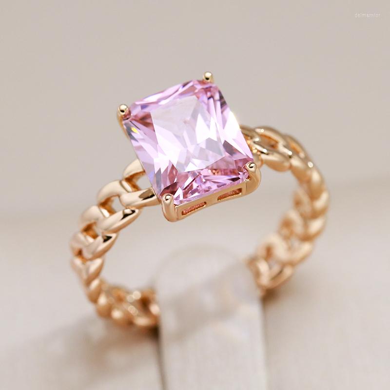 

Cluster Rings Kinel Big Square Pink Natural Zircon For Women Luxury 585 Rose Gold Color Bride Wedding Party Open Ring Daily Jewelry
