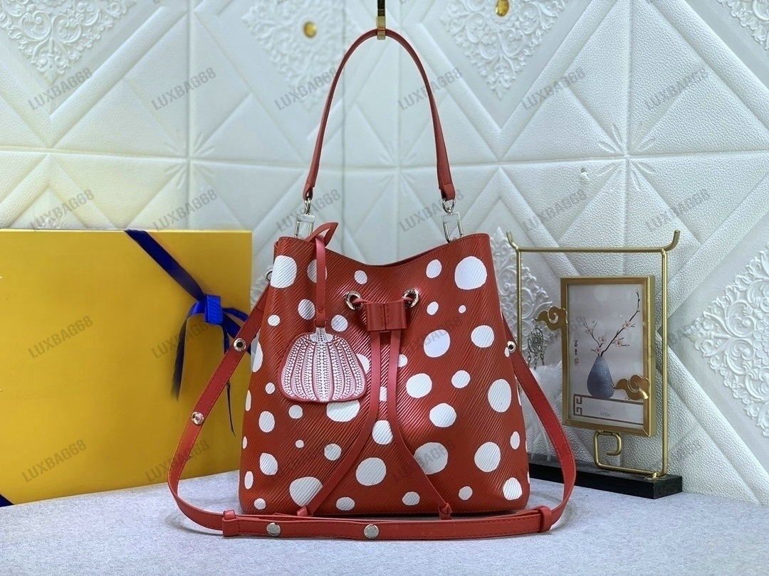 

Women's Designer Yayoi Kusama Drawstring Bag YK Neonoe MM Handbag M21753 Infinity Dots Embossed Monograms Pattern Neo Noe Bucket Bag With Pumpkin Charm, #1