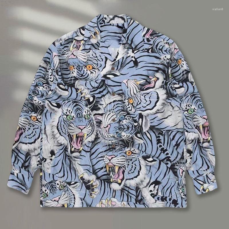 

Men's Casual Shirts High Quality Tiger Print Shirt Long Sleeve Men Streetwear Camisa Fashion Masculina Hawaii Social, Blue