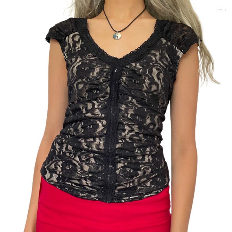 

Women' T Shirts Women' T-shirt Patchwork Lace Cap Sleeve V-neck Summer Female Tops For Dating Party