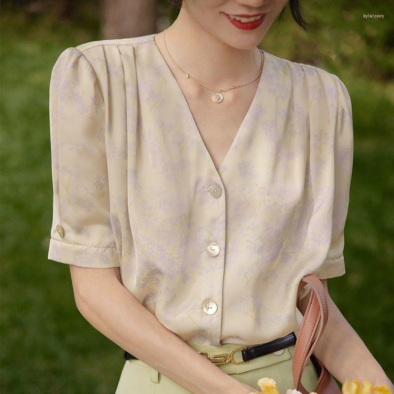 

Women' Blouses Sweet Femme 2023 Retro Florals Streetwear Lady V Collar Gentle Women Casual All Match Summer Shirts