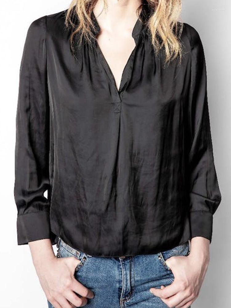 

Women's Blouses Spring And Summer Women Shirts Pleated Satin V-neck Navy Blue Shirt