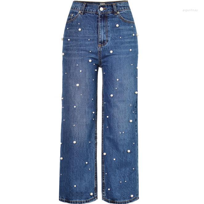 

Women's Jeans Fashion Pearl Denim Women Loose Wide Legged Pants 2023 Autumn High Waist 34-42, Blue