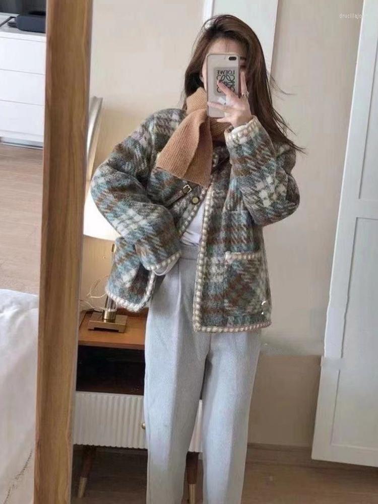 

Women' Knits Plaid Fashion Lace Cardigans Tweed High-grade Coat Autumn And Winter 2023 Style Lady Loose Jacket Blouse Women T461, Plaid thicken