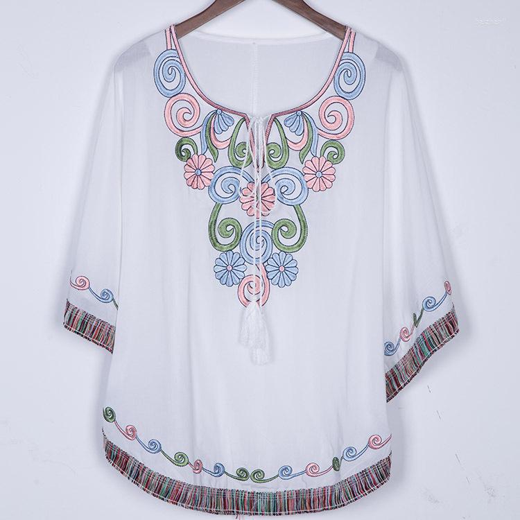 

Women's Blouses Summer 2023 Vintage Mexican Ethnic Flower Embroidery Boho Hippie Batwing Blouse Cotton Tops Gown For Women Blusa Feminina, Blue