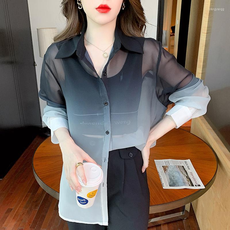 

Women' Blouses Thin Gradient Color Sunscreen Chiffon Shirts Women' Clothing Sexy Perspective Long Sleeve Loose Ladies Tops And, Gradual black