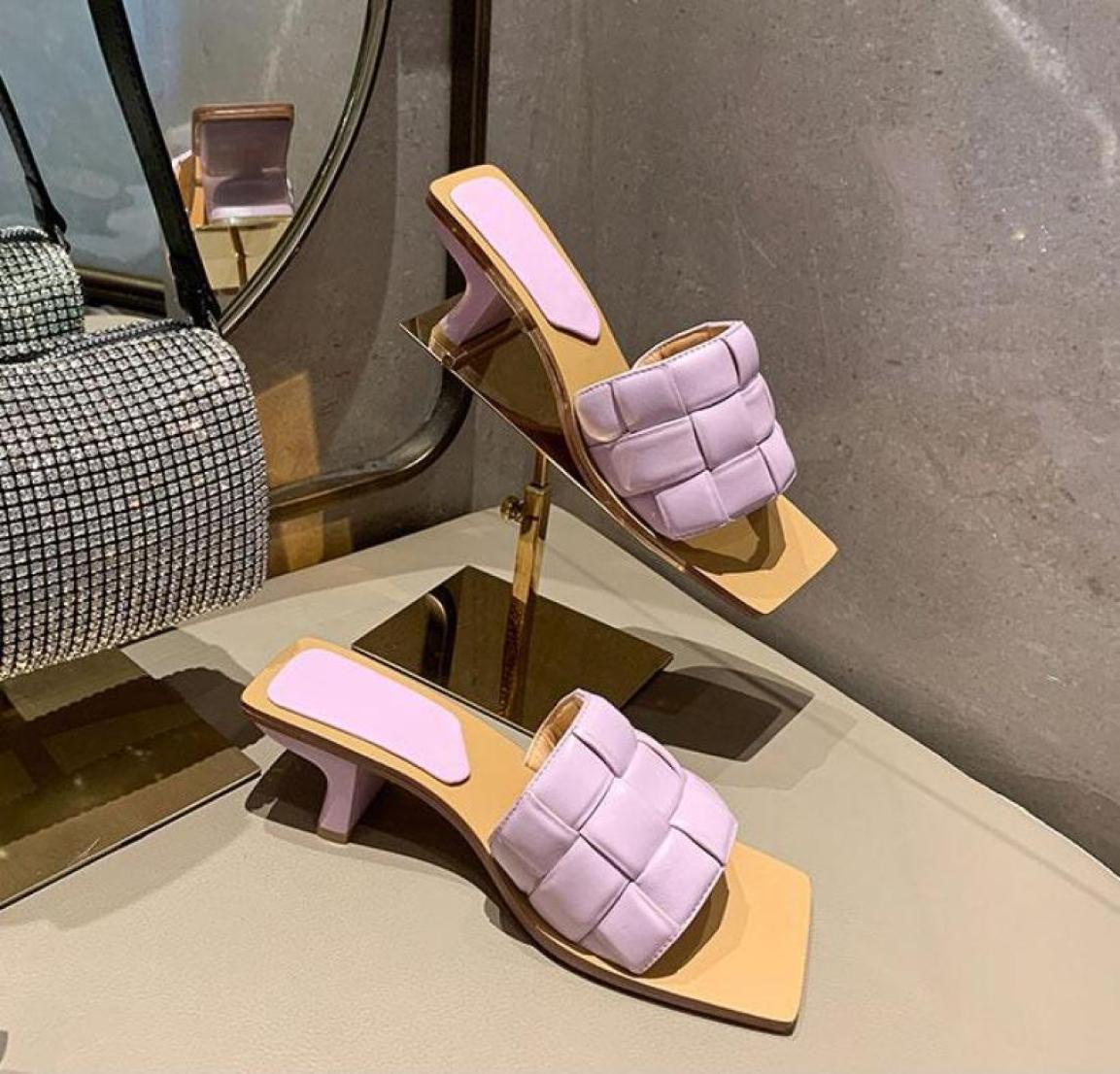 

Fashion Women high heel weave Slippers Genuine Leather square toes Internet celebrity outdoors Slippers 55 cm heel For Women New 5989270, Black