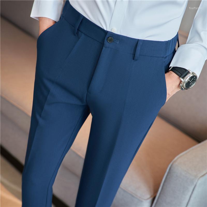 

Men's Suits 2023 Korean Style Fashion Belt Pants Men Ankle-Length Solid Elastic Waist Casual Anti-wrinkle Silky Trousers Blue Black