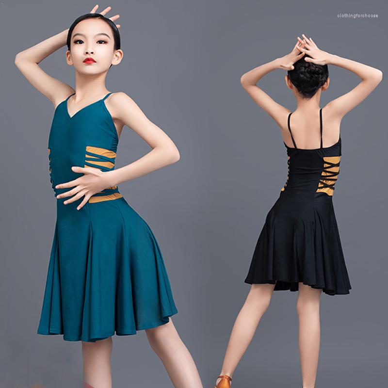 

Stage Wear Kids Ballroom Salsa Dance Dress Girls V-Neck Strap Latin Children's Competition Cotumes SL4860, Black dress