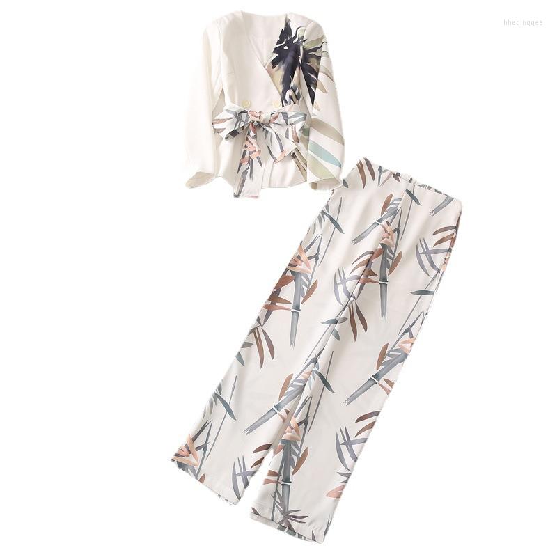 

Women' Two Piece Pants High Quality Blazer Sets 2023 Spring Autumn 2 Pant Women V-Neck Vintage Prints Coats Long Female, Picture shown