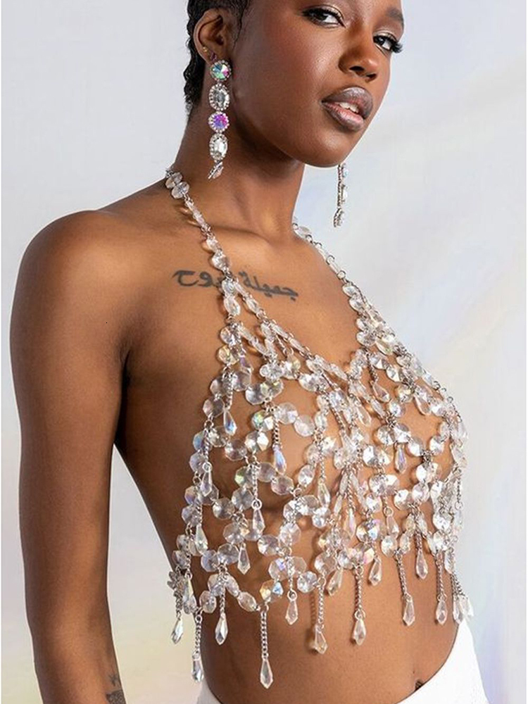 

Women's Tanks Camis y2k Fashion Transparent Crystal Acrylic Tank Top For Women Sexy Hollow Out Backlesss Halter Solid Diamonds Nightclub Crop Tops 230419, Beige
