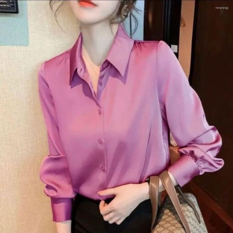 

Women' Blouses Solid Color Spring Summer Women Satin Shirts Long Sleeve Turn-down Collar For, Gray