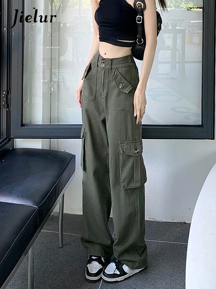 

Women' Pants  Jielur Spring Korean Fashion Baggy Y2k Denim Trousers Pocket Design Vintage Cargo Pure Color High Waist Slim Jean Woman 230419, Black