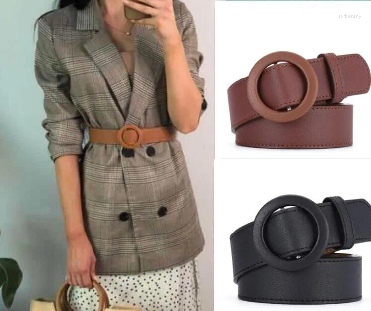 

Belts Women Fashion Circle Buckle PU Leather Belt Chic Pure Color Faux, Black
