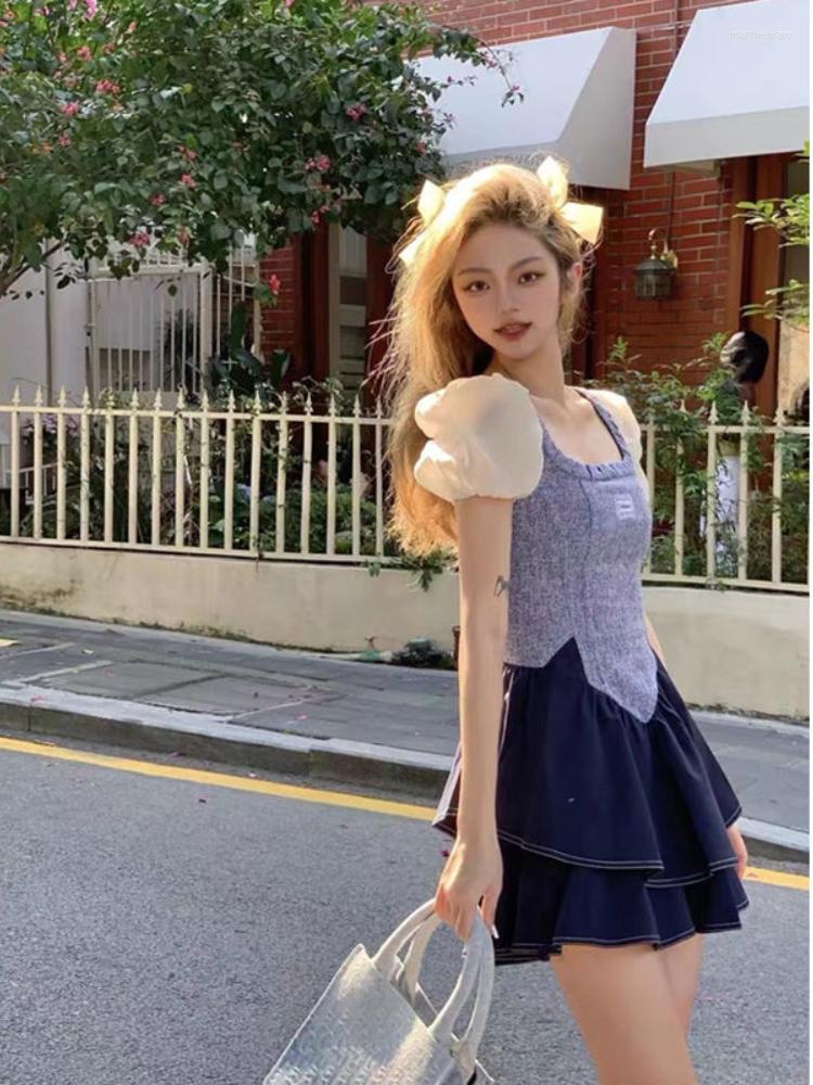 

Work Dresses Xgoth Girly Sweet Square Neck V-shaped Waist Puff Sleeves Floral Shirt Navy Blue Cake Dress Summer Women' Fashion Clothing, Shirt skirt 2pcs