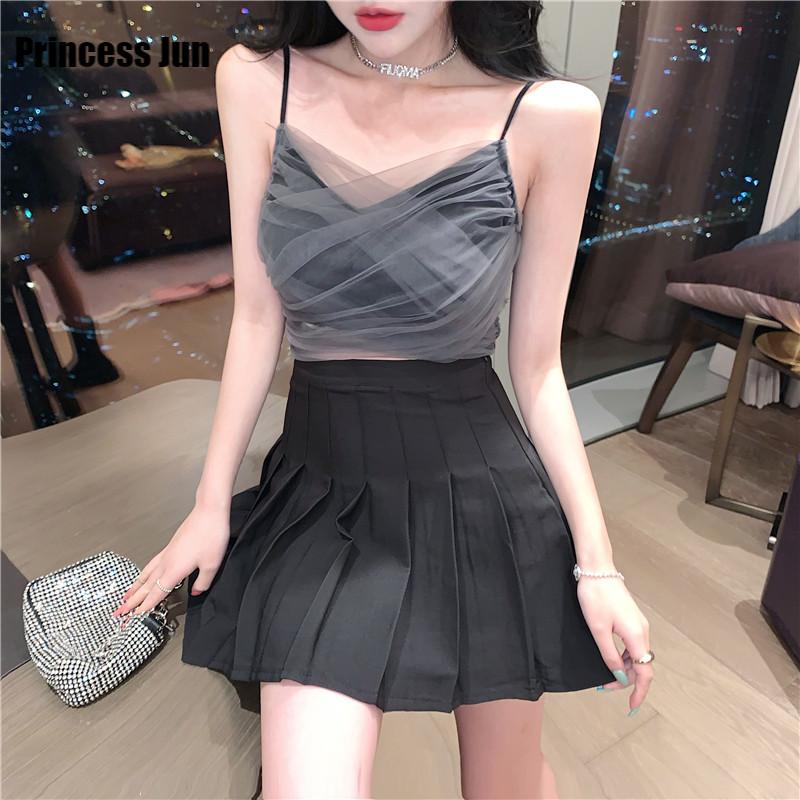 

Dress Women New Summer Sexy 2PC Dress Sets Outfits V Neck Mesh Stitching Sling Camis High Waist Pleated Mini Skirt Sets 2 Piece Suits, Only top