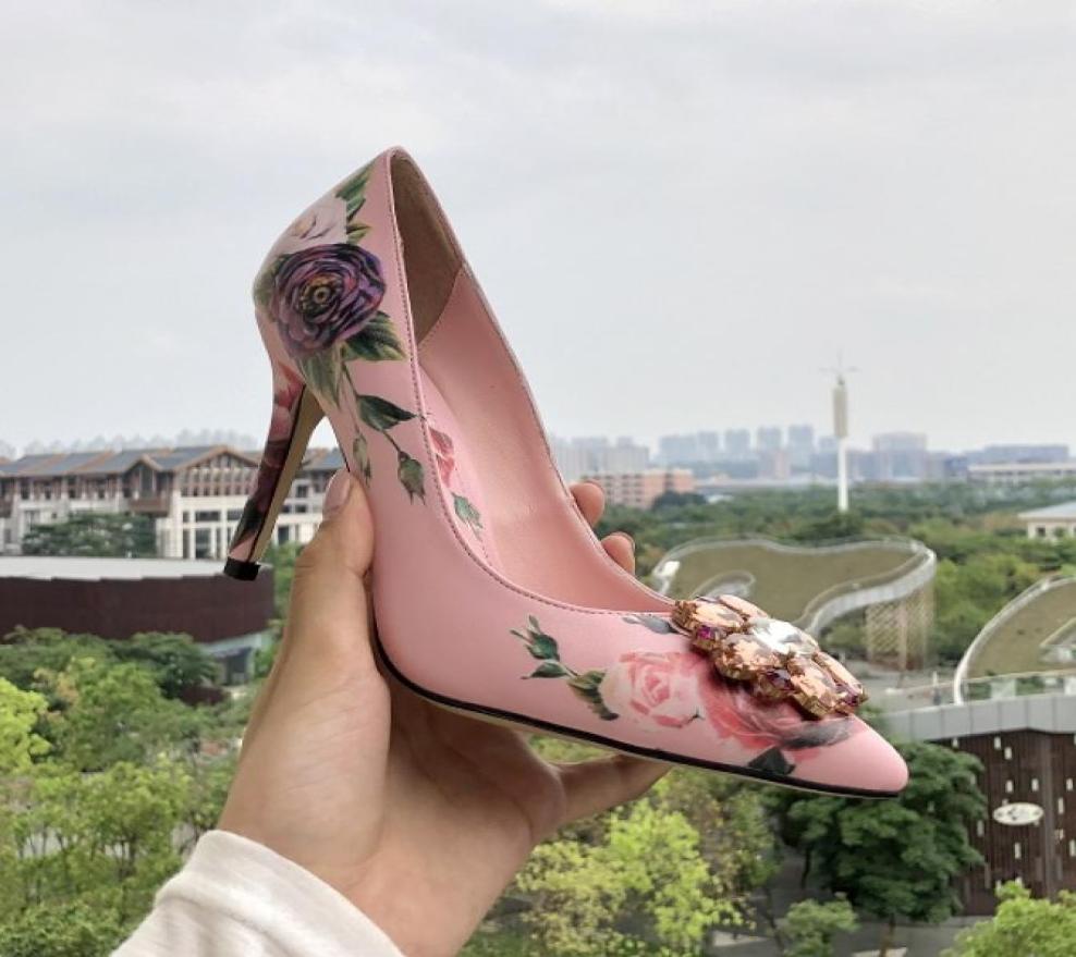 

2021 colourful diamond Stiletto high heels Dress shoes Pillage Pointed toes paisley Printed Rose flowers Pumps party wedding size 7303629, Blue