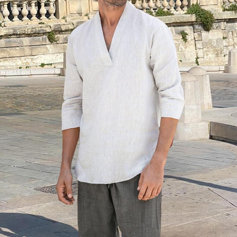 

Men' T Shirts V-neck Long Sleeve Men Shirt Loose Dressing Up Casual T-shirt Solid Color Holiday Top Streetwear For Daily, White