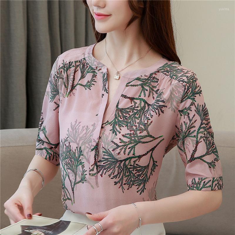 

Women' Blouses Satin Shirt For Women Summer 2023 In Printed Casual Loose Fashionable Short Sleeve Top Silk O-Neck, Image color