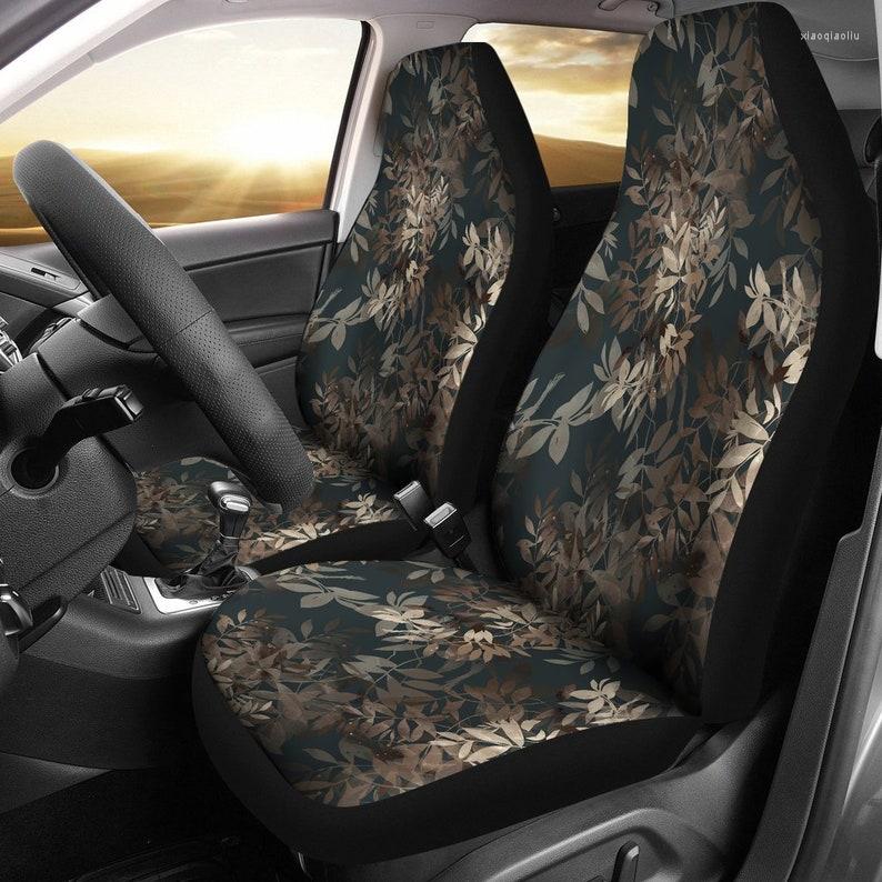 

Car Seat Covers Brown Beige Leaves Floral Flowers Pair 2 Front Protector Accessories