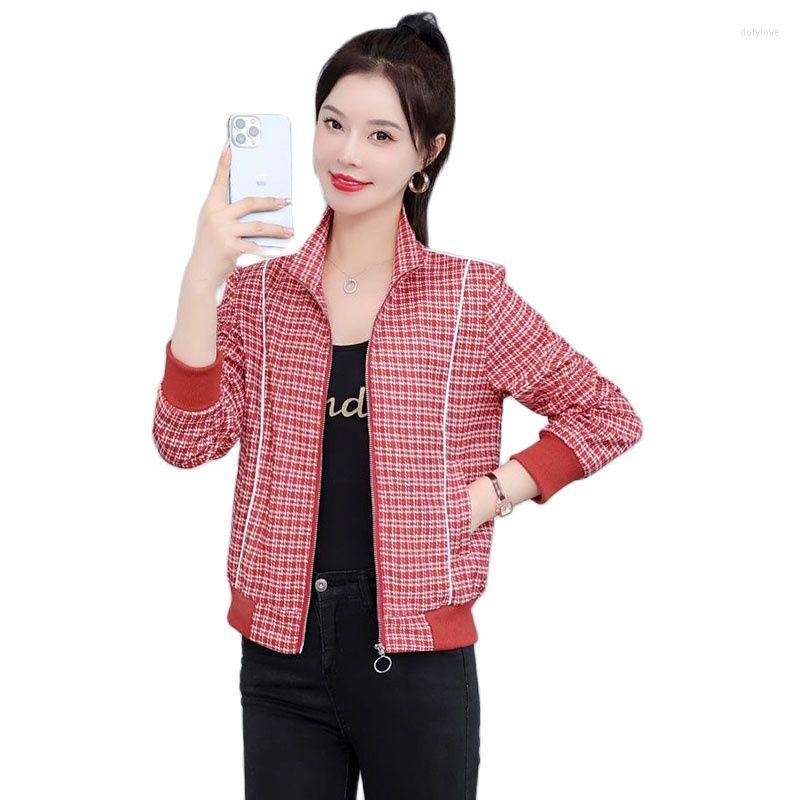 

Women's Jackets Short Fashion Coat Women's Houndstooth Wild Leisurestand-up Collar Korean Version Of The Spring And Autumn Baseball, Red