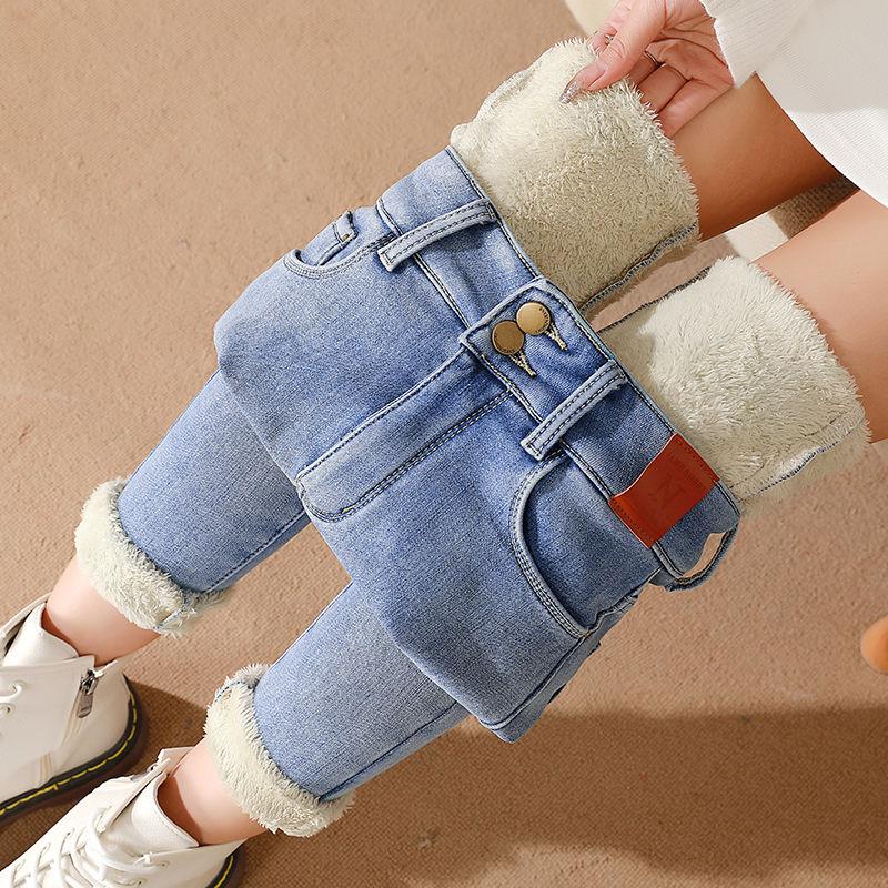 

Jeans Winter Women Thicken Stretch Skinny Fleece Jeans Woman High Waist Solid Warm Jeans Lady Vintage Denim Pencil Pants Korean E562, Blue