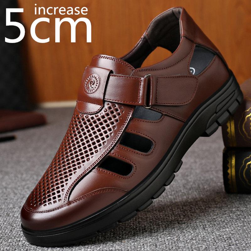 

Sandals Summer Height Increasing Men Invisible Inner Height-enhancing 7cm Cowhide Hollow Breathable Extra Large Hole Men's ShoesSandals, Black increase 7 cm