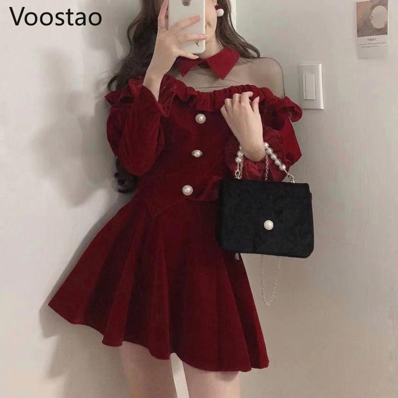 

Dress SPRING AUTUMN WOMEN KOREAN ELEGANT 2 PIECE SETS GIRLY SEXY CHIC RUFFLES HOLLOW OUT MESH VELVET TOPS HIGH WAIST MINI SKIRTS SUIT, Only red skirt