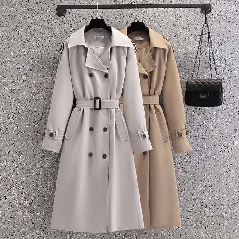 

Raincoats 2022 Spring Midlength Double Breasted Women Trench Coat With Sashes Grey Khaki Casual Lapel Long Sleeve Female Windproof Jacket, Gray