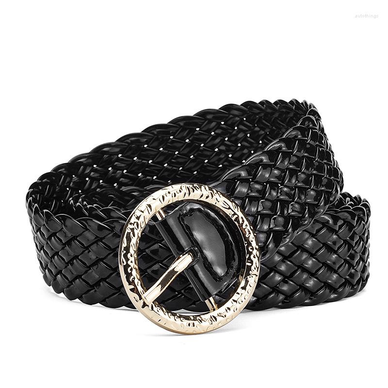 

Belts Style Fashion Women's Woven Belt All-Match Round Buckle Patent Leather Decorative Dress Wide, Black
