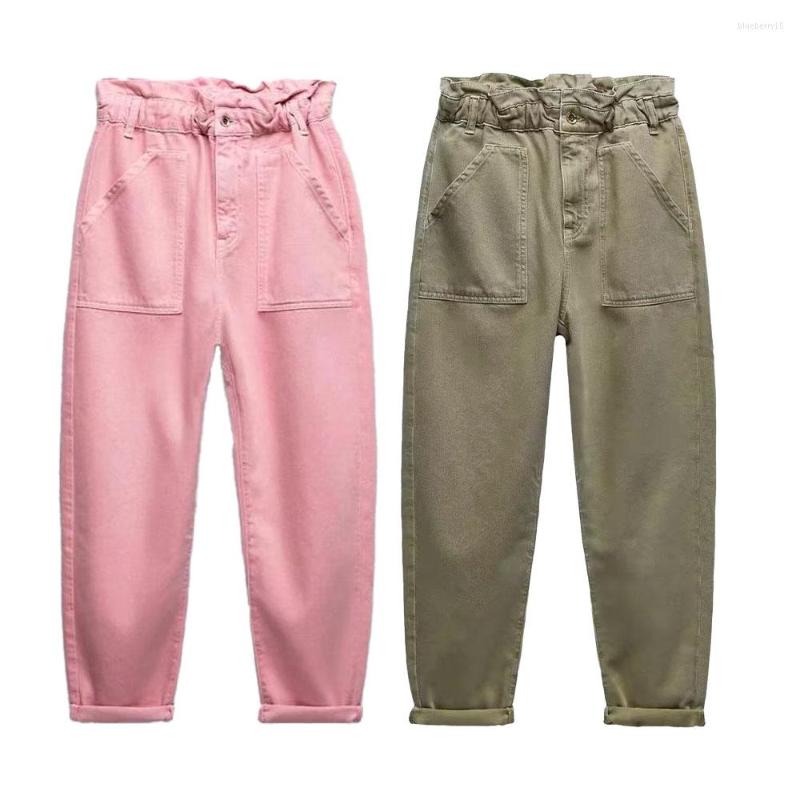 

Women's Jeans 2023 Summer Loose Two-color Washed Paper Bag Type Curling High Waist Harem Pants, Army green