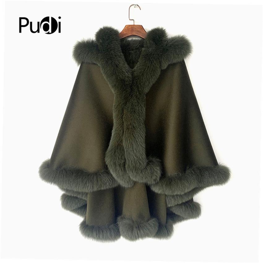 

Fur Pudi Women Real Fox Fur Coat Jacket Female Genuine WOOL Hooded Shawl Cape, Camel