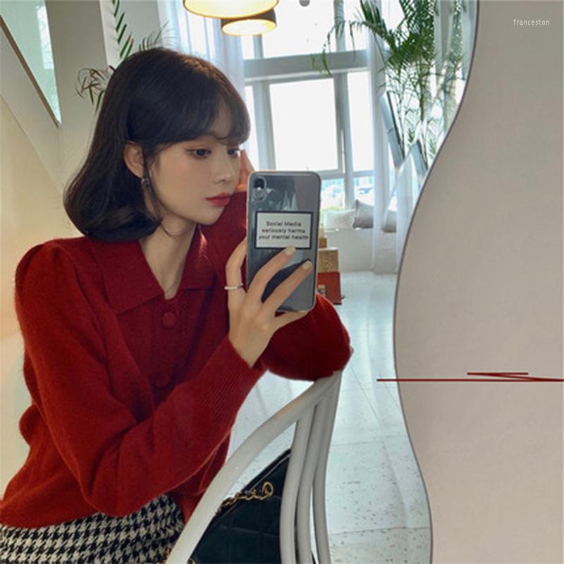 

Women' Sweaters Vintage Red Sweater Women Turn-Down Collar Full Sleeve Korean Fashion Pullovers 2023 Spring Autumn Casual Knitwear Female Y, Grey
