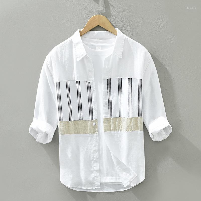 

Men's Casual Shirts 2023 Men's Linen Crop Sleeve Shirt Japanese Loose Summer Thin Short Spliced Striped, White