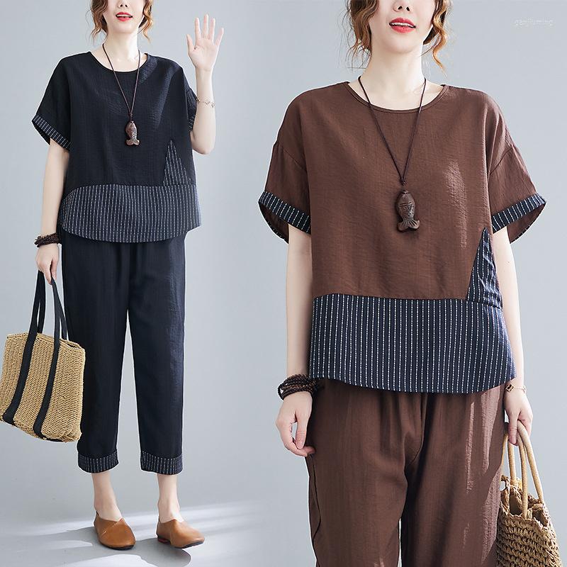 

Women's Two Piece Pants 2023 Summer Loose Matching Sets British Style Leisure Linen Top Elastic Waist Set Splicing Black Pant