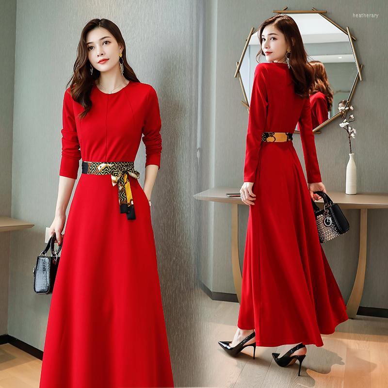 

Casual Dresses Long A-line Dress 2023 Autumn Spring Women Sleeve O-Neck Party With Belt, Black