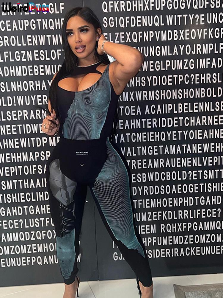

Pants Weird Puss Striped Print Sporty Women 2 Piece Set Skinny Hollow Casual Sleeveless Bodysuits+Leggings Matching Streetwear Outfits, Black