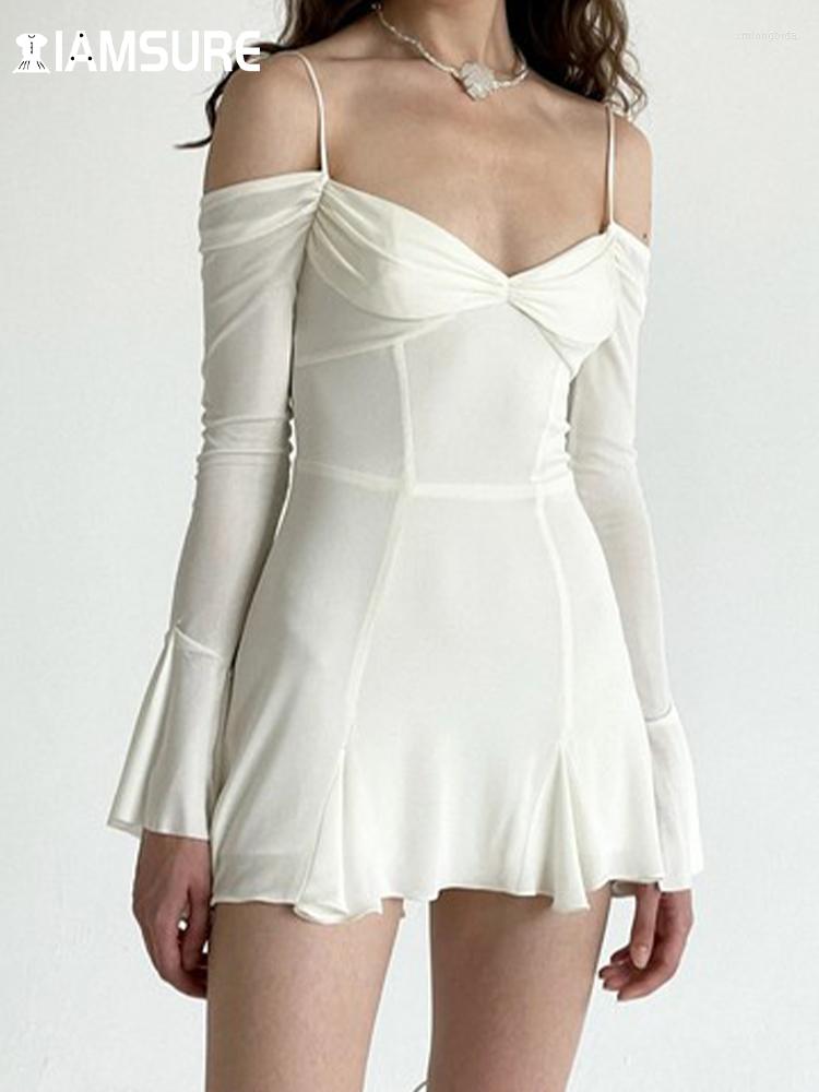 

Casual Dresses IAMSURE Balletcore Basic Solid A-Line Dress Sexy Slim Slash Neck Long Flare Sleeve Mini For Women 2023 Spring Autumn, White