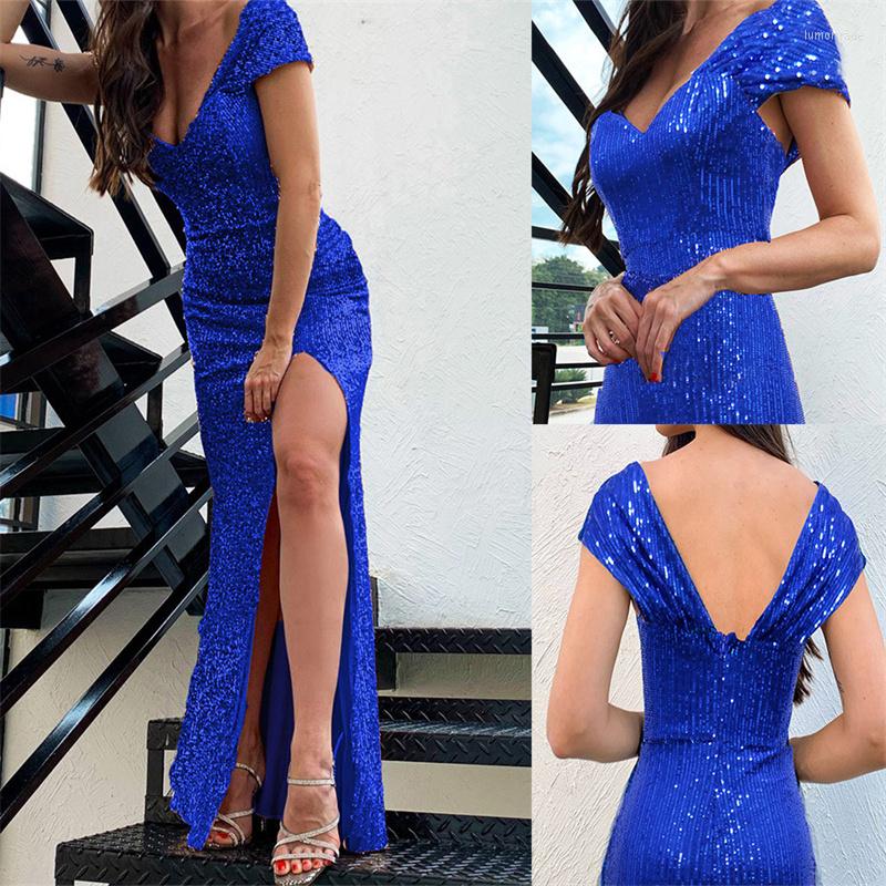

Casual Dresses Women Sequins Sleeveless Off Shoulder V Neck Slim Fit Long Dress Sexy High Waist Corset Slit Cocktail Evening Floor Length, 68-78 blue