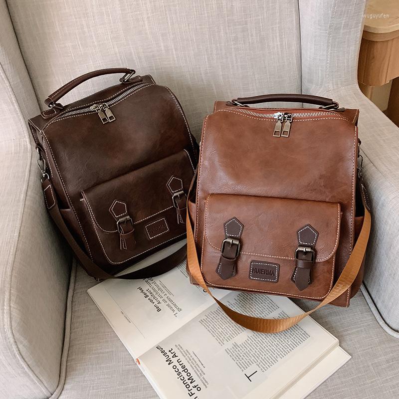 

School Bags Convertible Backpack Crossbody Bag Women Vintage Brown Pu Leather Daypack Casual Large Travel Retro Student, Black