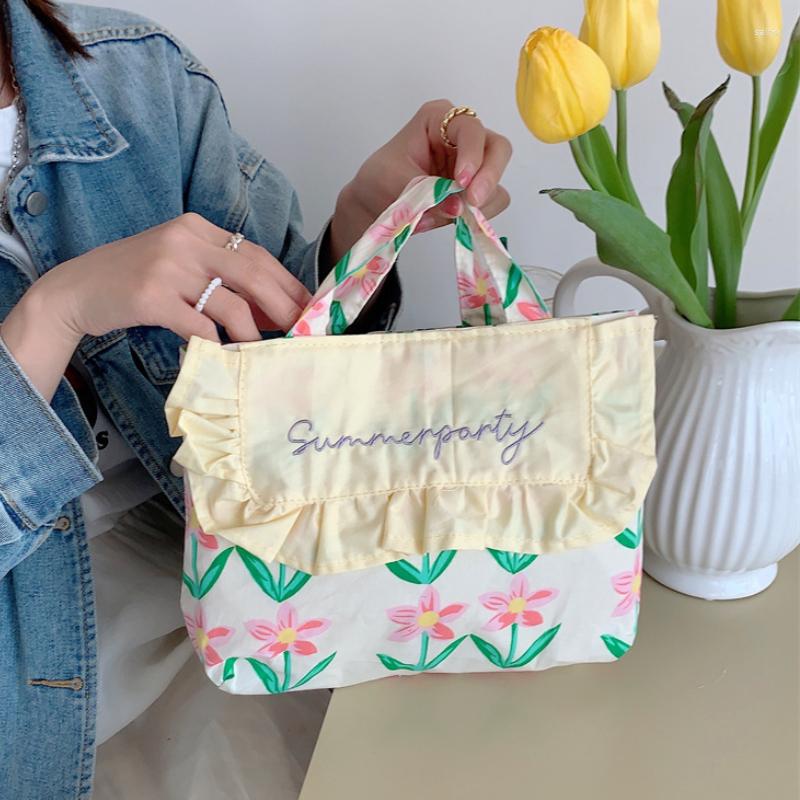 

Evening Bags Sweet Pleated Women's Bento Handbags Embroidery Letter Female Canvas Small Shoulder Retro Flower Student Girls Tote Purse