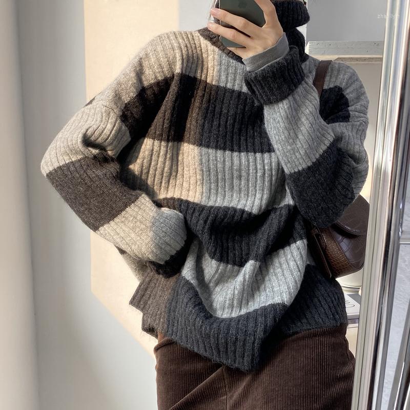 

Women' Sweaters Oversized Loose Pullover Sweater Women Autumn Winter Color Matching Stripe Knitwear High Collar Long Sleeve Knitted Tops, Black