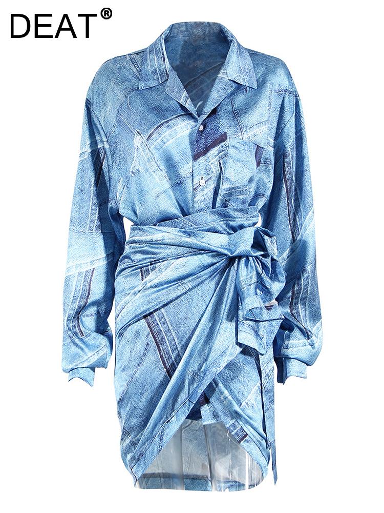 

Dress DEAT Fashion Women's 2 Pcs Set New Lapel Single Breasted Shirt And High Waistirregular Mini Printed Skirt Autumn 2022 17A2713, Blue