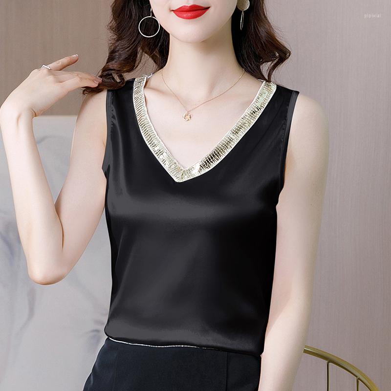 

Women's Blouses Elegant Youth Sequin Shirts Summer Woman Sleeveless Satin 2023 Fashion V Neck Loose Casual Silk Top Blusas 25513, Silver