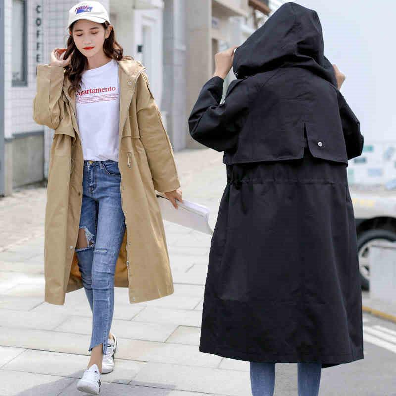 

Raincoats 2019 New Hooded Windbreaker Long Section Middle School Students Spring Autumn Wild Chic Loose Jacket Female Casual Outwear f1626, Black