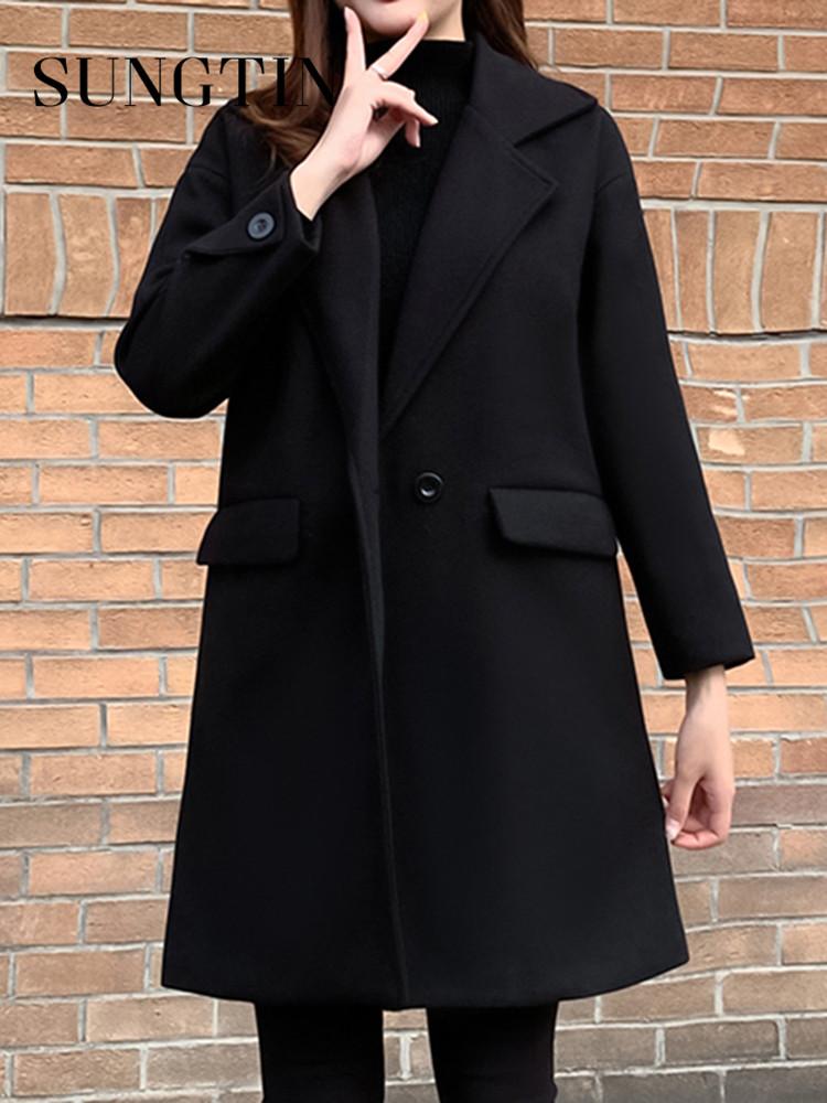 

Fur Sungtin Winter Vintage Black Oversize Wool Coat Women Elegant Loose Thicken Faux Cashmere Jackets Korean Lapel Tops  Female