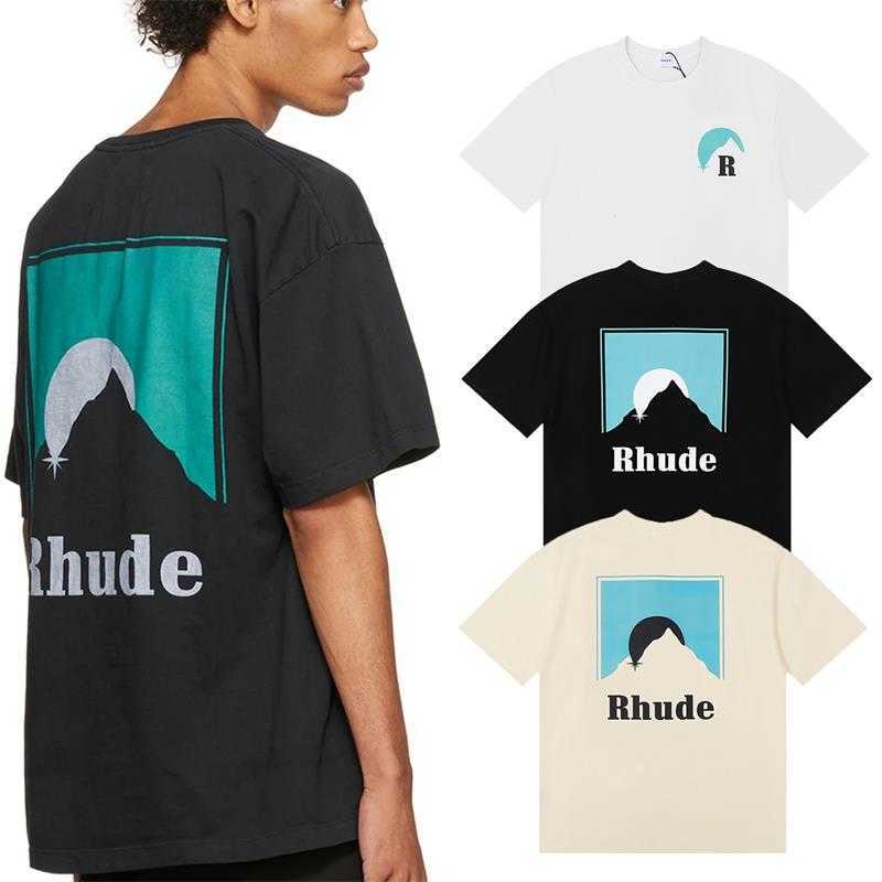 

Designer Fashion Clothing Tees Hip hop TShirts Trend Brand Rhude Blue Sunset Classic Print Pure Cotton Casual Couple Summer T-shirt Loose Streetwear, Black