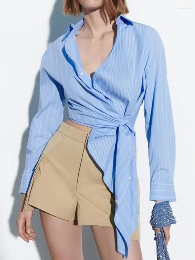 

Women's Blouses 2023 Women Spring Striped Turn-down Collar Shirt Chic Female Patchwork Singel Breasted Blouse FashionTops Long Sleeve, Blue