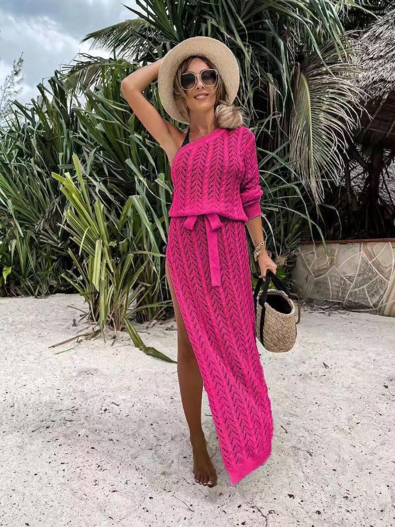 

Casual Dresses 2023 Sexy Sleeveless Bikini Cover-ups White Crochet Tunic Knitted Summer Slits Dress Women Beach Wear Swim Suit Cover Up, Khaki